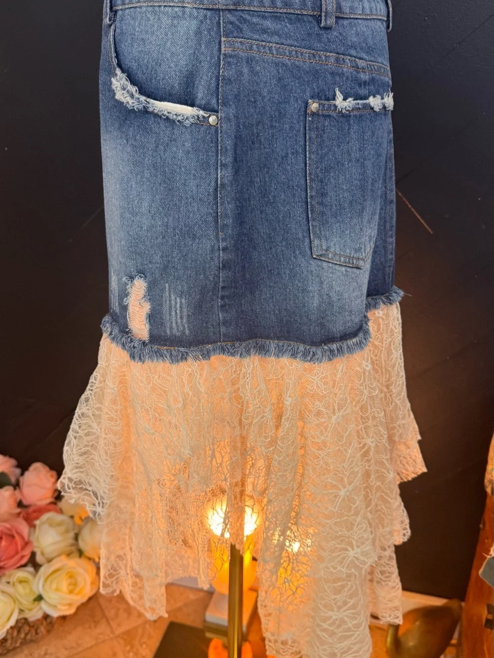 POL Clothing Blue Denim & Cream Lace High-Low Skirt - Picture 3 of 11